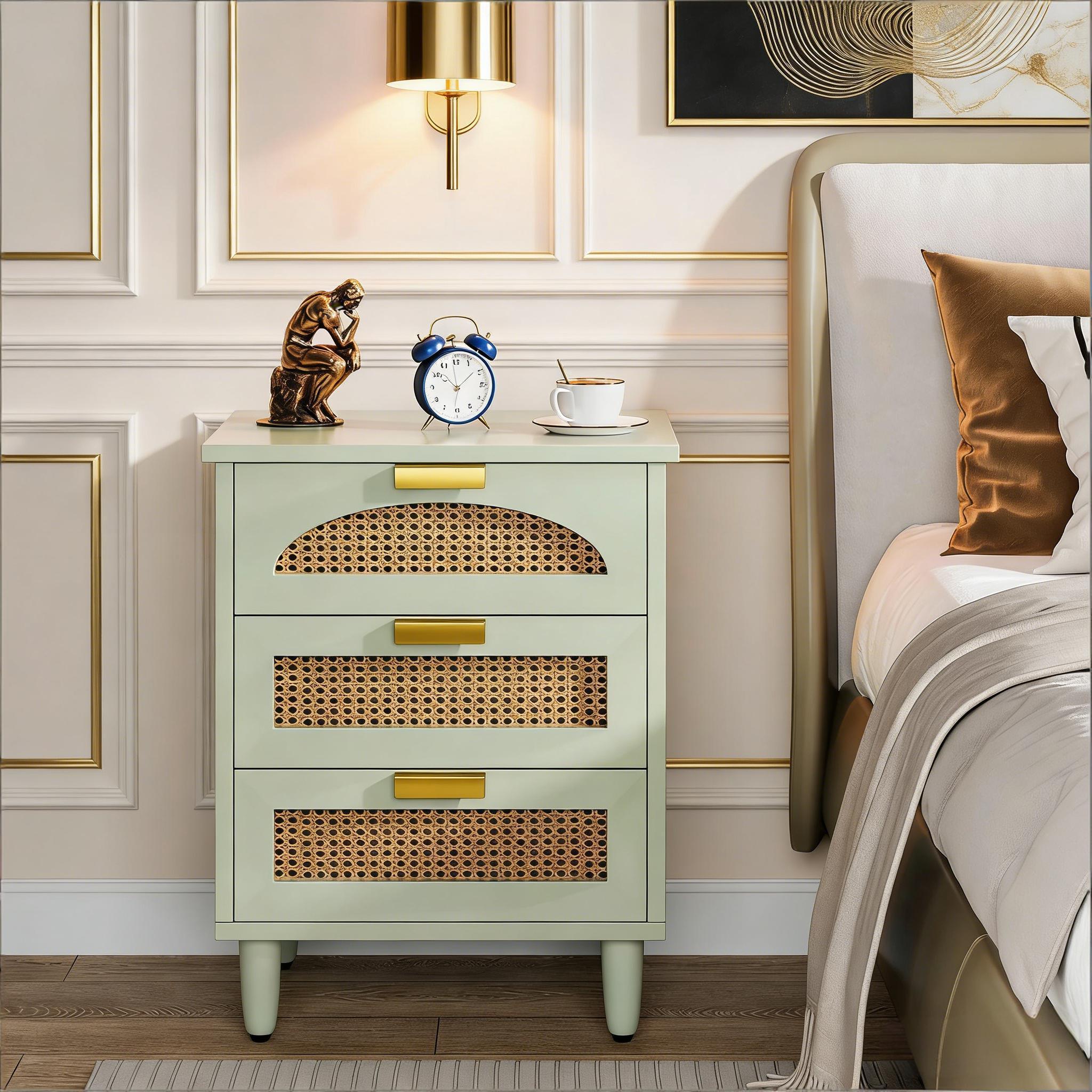 Rattan Nightstand, 20-Inch Bedside Table Storage Cabinet With 3-Drawers_voghion.com